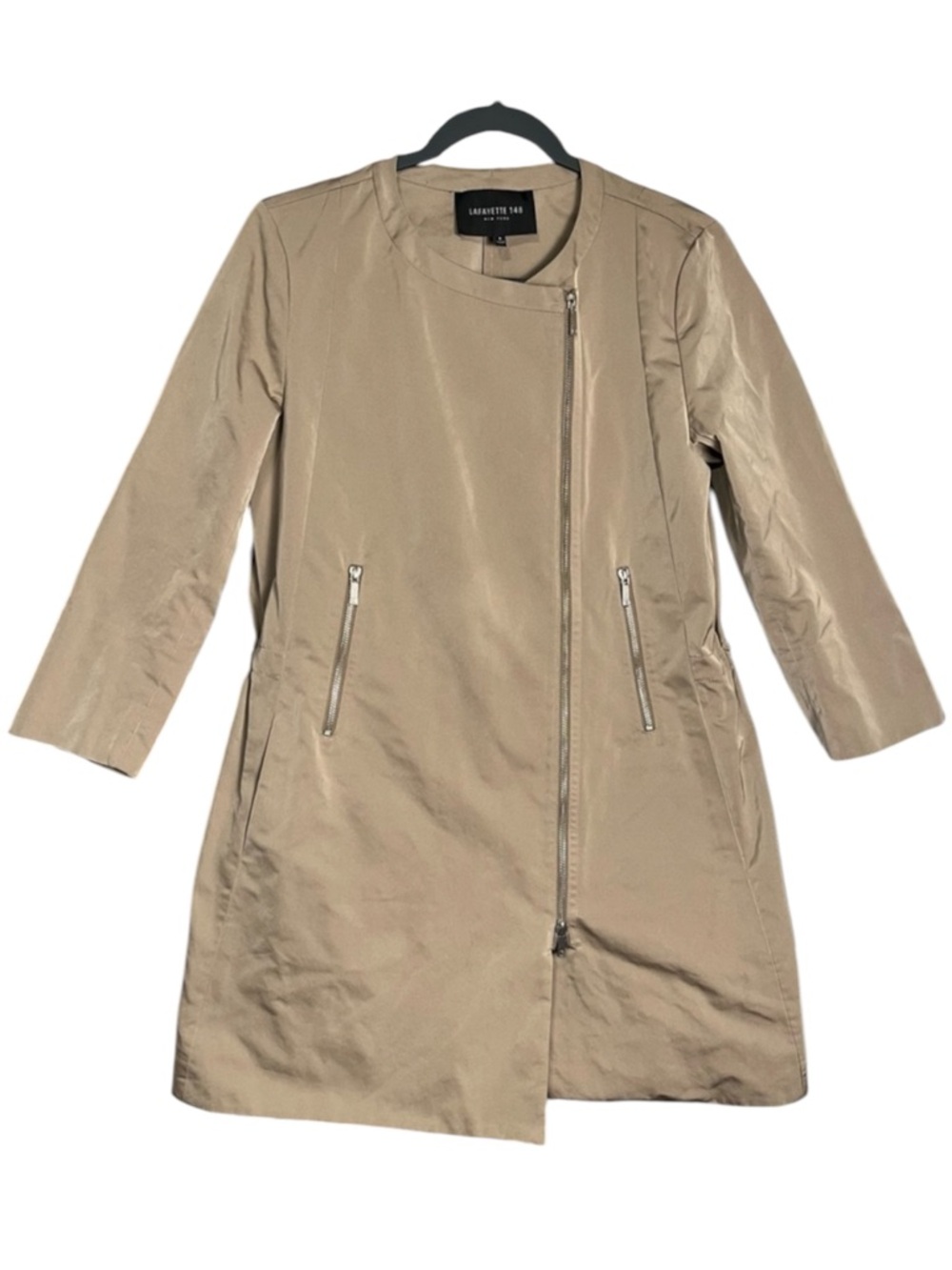 Lafayette 148 New York Asymmetric Zip Moto Trench Coat Rain Jacket Tan‎ Sz 8